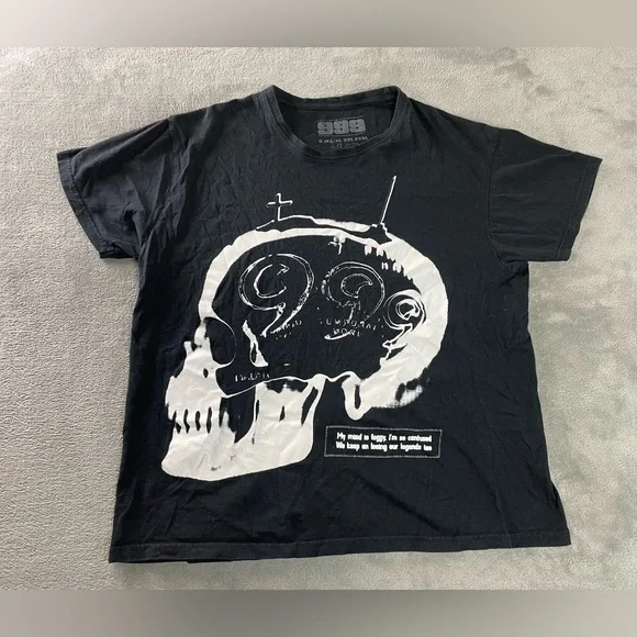 999 Black Skull Crew T Shirt Size Large Short Used - Picture 1 of 12